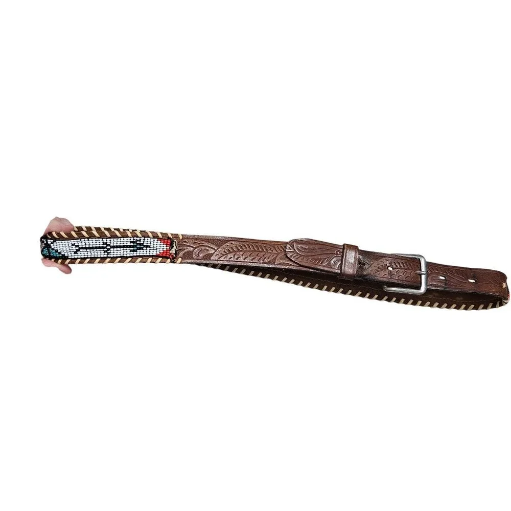 Vintage Tooled Steerhide Leather Belt With Beaded Design Metal Buckle 32